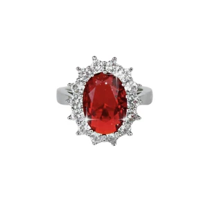 Adjustable White Gold Created Diamond Red Ruby Oval Cut Ring - Elegant Birthston - Picture 1 of 6
