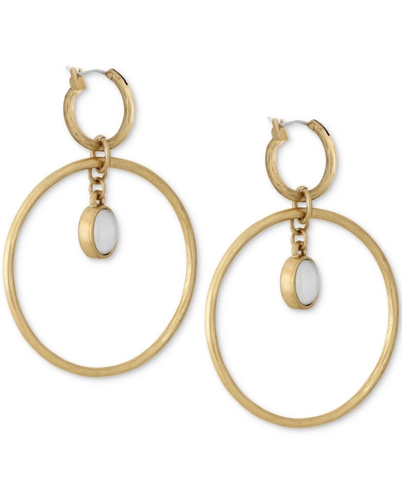 Brincos de argola de gota de pedra dupla face branco blush Goldtone marca sorte US$ 29 LC955 - Imagem 1 de 4