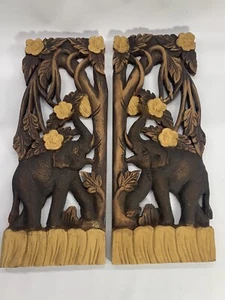 Wood Elephants Hand Carving Antique Style Art Wall Hanging Home Decor Set Of 2 - Picture 1 of 7