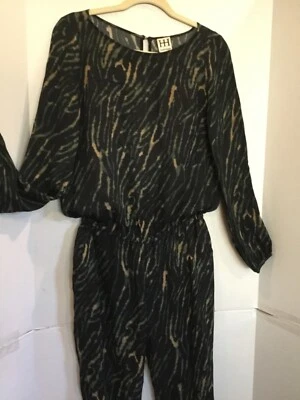 HAUTE HIPPIE XS Jumpsuit 100% Silk Lightweight Black Tie Dye Animal Inspired LS - Image 1 of 3