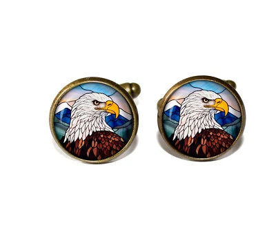 Bald Eagle American Patriotism - Handmade Round Glass Metal Cufflinks - Image 1 of 3
