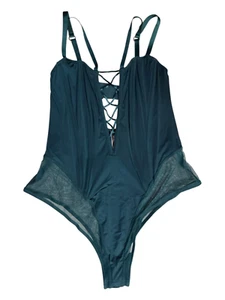 Victorias Secret Corset Bodysuit L Satin Sheer Mesh Green Plunge V-neck Lace Up - Picture 1 of 6