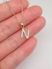 925 Sterling Silver Cz Initial Letter N Necklace Tiny Pendant 8.5mm 16-18" Gold