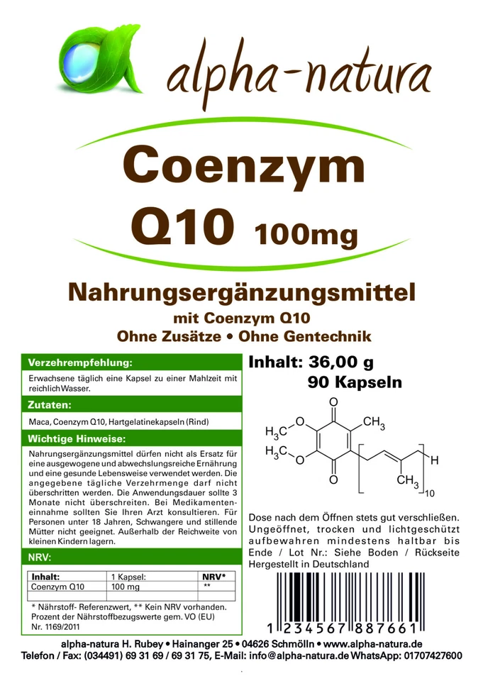 ALPHA-NATURA 90 Coenzym Q10 Kapseln a100mg Q10 pro Kapsel - ohne künstliche Füllstoffe