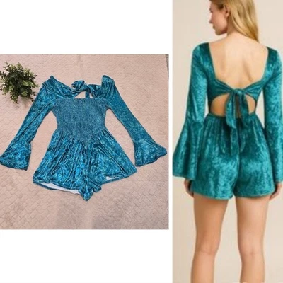 Free People Teal Blue Whimsygoth Velvet Smocked Regency Romper, Size Small - Image 1 of 4