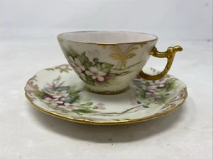 Limoges France J.P. Hand Painted Cherry Blossom Flowers Gold Tea Cup & Saucer - Picture 1 of 21