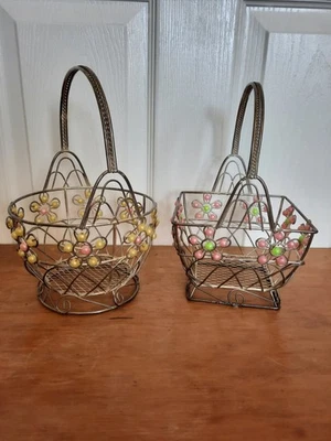 Silver Twisted Metal Baskets with Beaded Flowers Set of 2 For Home Decor - Image 1 of 4