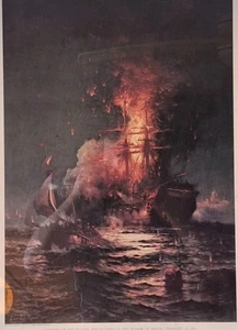 Framed 1980s Poster of the Burning of Frigate Philadelphia In Harbour Of Tripoli - Picture 1 of 11