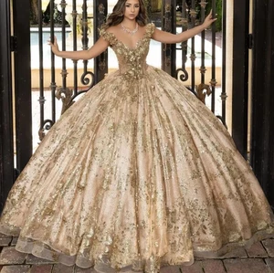 Sparkly Rose Gold Princess Quinceanera Dresses Off Shoulder Ball Gowns - Picture 1 of 10