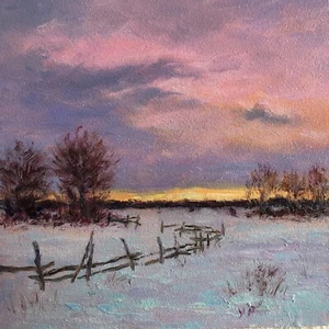 Original oil painting landscape.Rural Landscape.Pink winter sunset.Snowy country - Picture 1 of 8