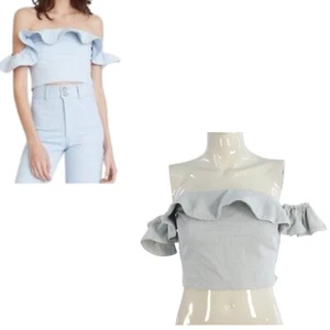 Apiece Apart Top Off Shoulder Smocked Florian Denim Light Blue Ruffled Crop US 4 - Picture 1 of 16