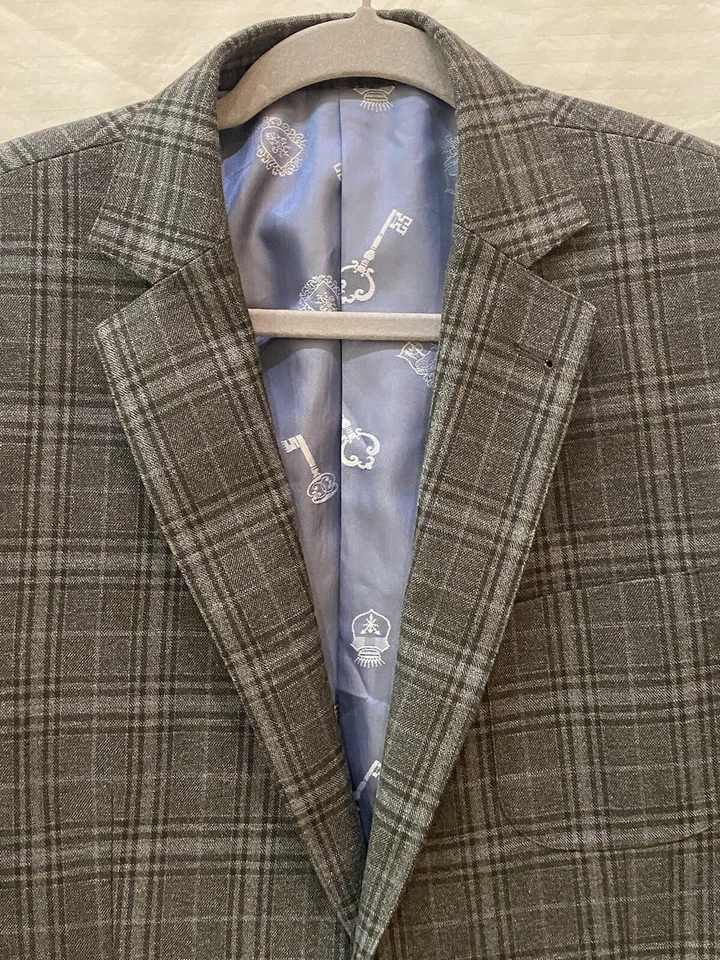 Blazer arrogante elegante lavanderia inglesa tamanho 40L cinza preto azul xadrez 100% lã - Imagem 1 de 4