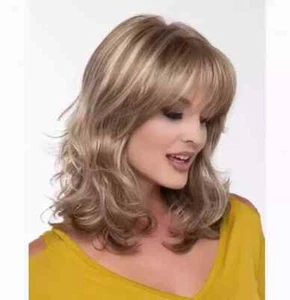 Shoulder Length Wavy Brown Blonde Mix Synthetic Hair Wigs Women Soft With Bangs - Picture 1 of 5