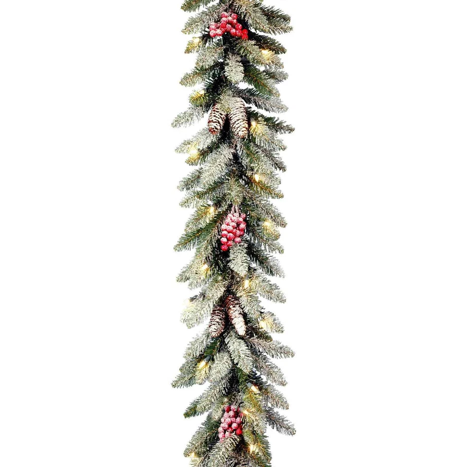 National 9' X 10" Dunhill Fir Garland with Snow Red Berries Cones and 50 Lights - Image 1 of 3