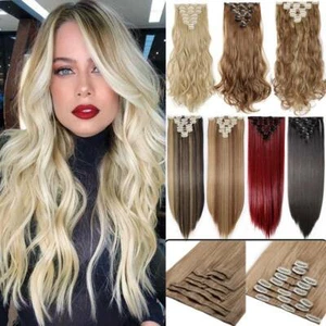 Real Natural Clip In Hair Extensions Extension 8 Piece FULL HEAD Hair for Human - Picture 1 of 67