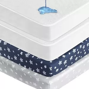 Crib Sheets&Waterproof Bamboo Crib Mattress Protector Crib Pad Cover 4 Pack Set - Picture 1 of 7