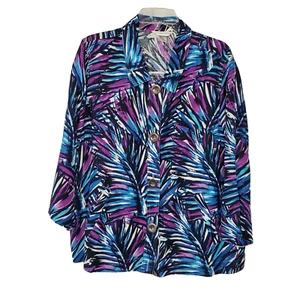 Christopher Banks Linen Blend Jacket XL Purple Blue Abstract Palm Leaves Artsy - Picture 1 of 6