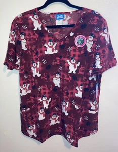 Womens Size Large Scrubstar 'Frosty the Snowman' Fashion Medical Scrub Top - Picture 1 of 7