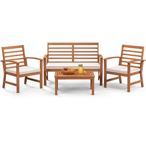 4PCS Outdoor Furniture Set w/ Soft Seat Cushions Stable Acacia Wood Frame - Picture 1 of 4