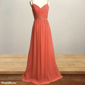 NWT David’s Bridal Guava Pink Twist Bodice Chiffon Dress with Beaded Belt, Size2 - Picture 1 of 12