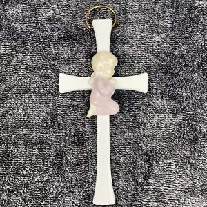 Cosmos R8002B Fine Porcelain Pink Praying Girl on Cross Figurine, 8-Inch  - Picture 1 of 7