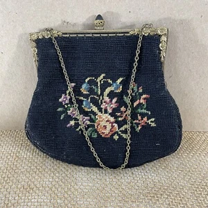 Antique Small Black Floral Needlepoint Embroidered Purse - Picture 1 of 6