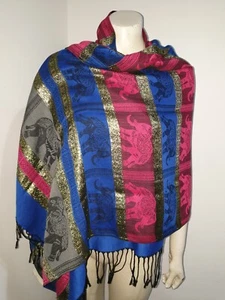 Blue Pink Metallic Shawl Scarf Wrap Stole 100% Cashmere Pashmina with Fringe - Picture 1 of 2