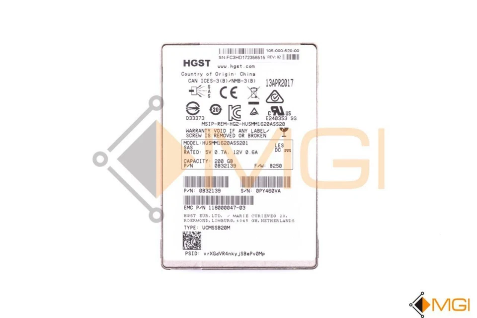 HGST 200GB SSD SAS 12Gb/s 2.5" SOLID STATE DRIVE // HUSMM1620ASS201 (NO TRAY) - Image 1 of 1