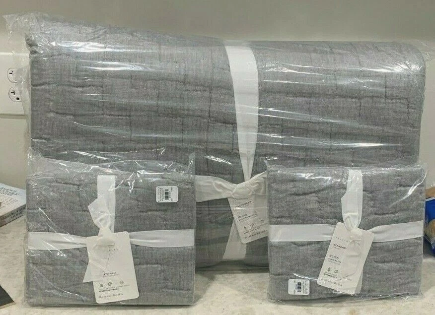Pottery Barn BLISS handcrafted linen cotton F QUEEN quilt  shams FLAGSTONE gray - Image 1 of 1