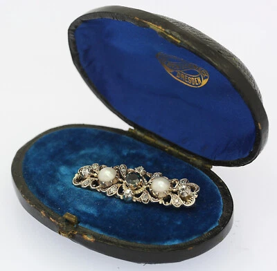 ♦♦ ANTIK Anstecknadel Brosche 14 kt 14k 585 er Gelb Gold Saphir Perle Diamanten - Bild 1 von 4