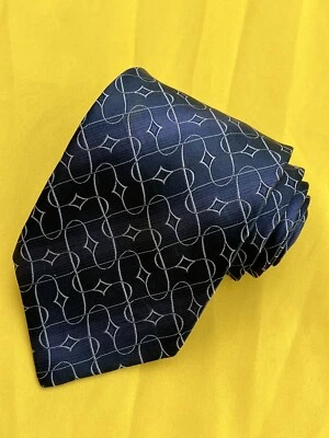 Authentic YSL YVES SAINT LAURENT Abstract Line Design On Blue Silk Necktie Tie - Image 1 of 4