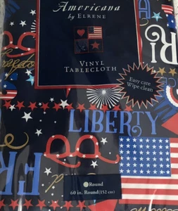 Americana Elrene Vinyl Tablecloth 60” Round PATRIOTIC PATCHWORK 4th July New - Picture 1 of 9