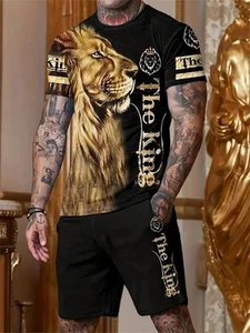 Mens 2 Piece Lion Print Summer Outfit T Shirt and Shorts Set Casual Tracksuit - Picture 1 of 20