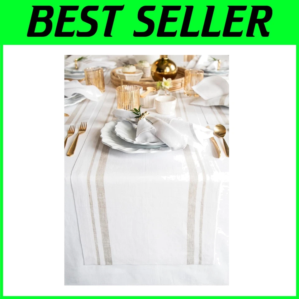 Elegant 120 Inch Pure Linen French Stripe Table Runner for Dining & Thanksgiving - Image 1 of 4