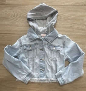 Cat & Jack Raw Hem Jean Jacket Cute Girl's Medium 8 Long Sleeve Hooded Coat M - Picture 1 of 7