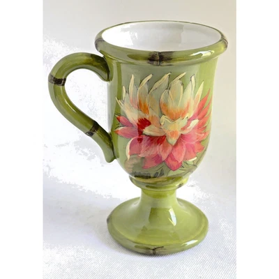 TAZA CON PEDESTAL PIE-RAYMOND WAITES-Verde-Naranja Amarillo Flor-Sostiene 12 OZ Foto 1 de 4