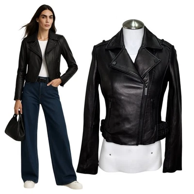 $495 Nueva Chaqueta de Moto de Cuero MICHAEL MICHAEL KORS Talla XXS Negra  Foto 1 de 4