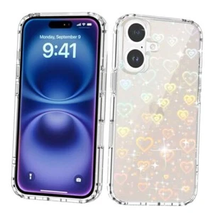 for iPhone 16 Case, Clear Cute Glitter Laser Holographic Heart Rainbow Heart - Picture 1 of 7