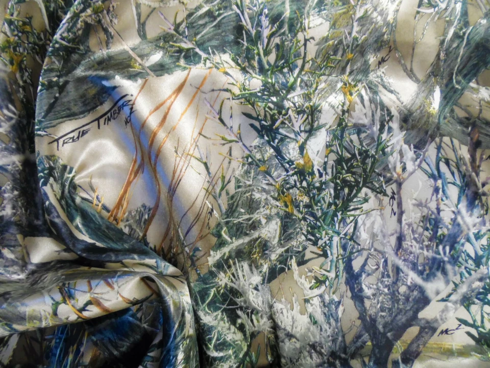 Discount Fabric True Timber Camo MC2 Green Charmeuse Silky Bridal Satin CS25 - Image 1 of 1