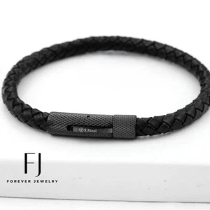 Men's 8" Stainless-Steel,Black Braided.Leather Bracelet Gold plated.BOX - Picture 1 of 10