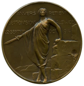 BELGIO WWI 1914 RESISTENZA DI ANVERSA MEDAGLIA BRONZO 70MM 149G - Foto 1 di 4