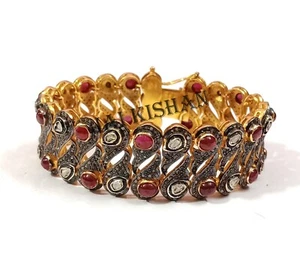 Polki Uncut Pave Diamond Ruby Gemstone 925 Sterling Silver Bracelet Jewelry - Picture 1 of 12