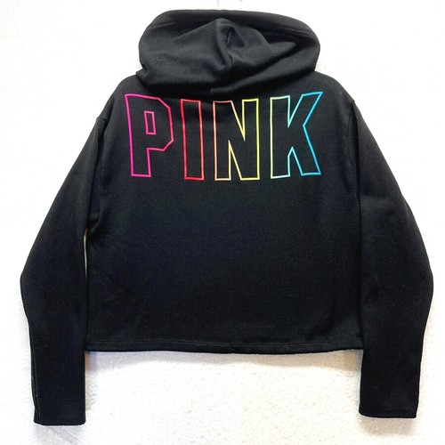 UNDERCOVER ROSA Victoria's Secret Crop Felpa con Cappuccio Donna M Nero Logo Arcobaleno