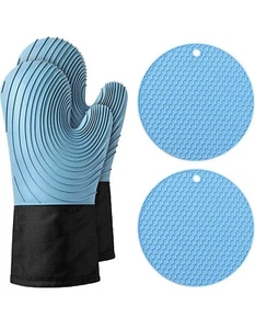 Heat Resistant Silicone Oven Mittens with 2 Hot Pads Potholders blue - Picture 1 of 3