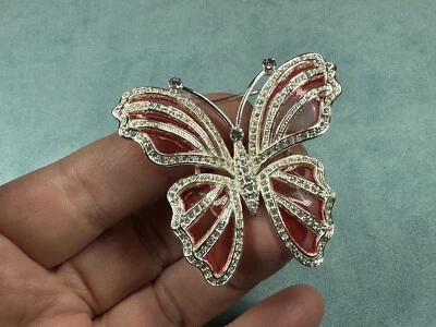 Signed Napier Silver Tone Pink Enamel Wings Butterfly Pin Brooch with Crystals - Image 1 of 3