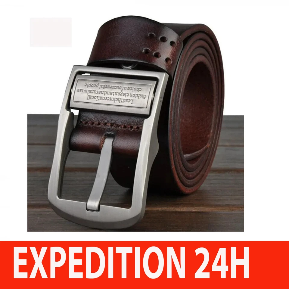 Ceinture en cuir de luxe Homme décontractée large ceinture de cuir marron - Photo 1/4