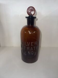 1890's Dark Amber Silver Nitrate Assayers Reagent Bottle & Glass Stopper TCW Co