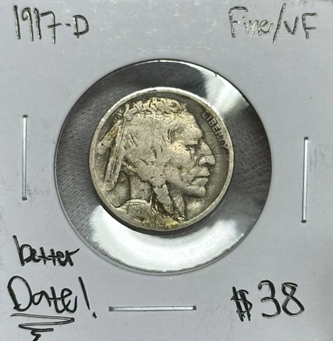 1917 D Buffalo Nickel Fine/VF -Tough Date, Better Condition, Rotated Reverse Cover