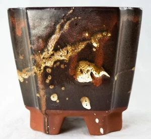 Square Handmade Cactus, Succulent, Bonsai Pot 5"x 5"x 4.75" + Mesh Brown Glazed - Picture 1 of 8