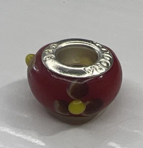 925 Sterling Silver Italy Glass Murano Slider Charm Bead Red Yellow Flowers - Picture 1 of 5